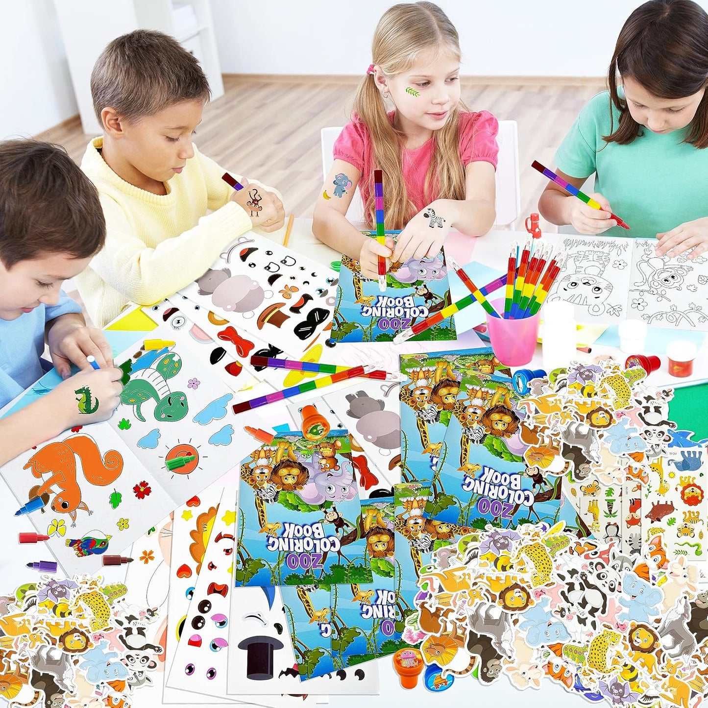 Cinrobiye 220 Pcs Jungle Safari Party Favors Bulk, Zoo World Wild Animal Party Supplies Coloring Books Stacking Crayons Stampers Goodie Bag Fillers, Safari Birthday Classroom Rewards Prizes