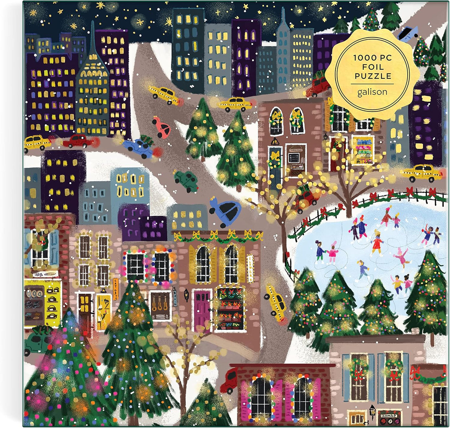 Galison Sparkling City β 1000 Piece Foil Puzzle with Illustrations of Colorful Merriments in The City with Gold Foil Accents