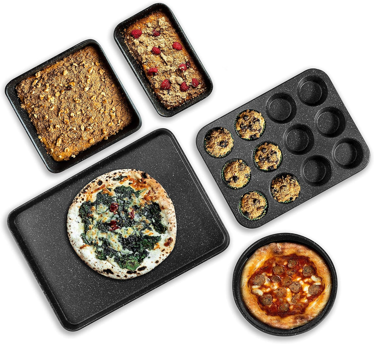 Granitestone Ultra Nonstick Bakeware Set, 5 Piece Dishwasher Safe Baking Pans Set with Muffin Pan, Loaf Pan, Round Baking Tray & Baking Sheet for Oven with Even Heating &No Warp Technology
