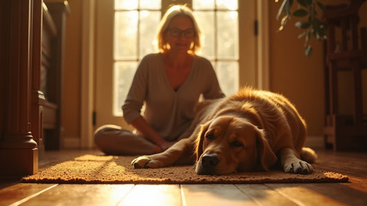 Silver Paws Comfort mud mat in a cozy entryway with a senior golden retriever
