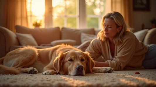 Silver Paws Comfort supplement bottle next to a happy senior golden retriever resting on a soft bed.