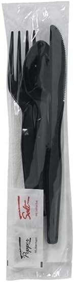 250 Disposable Cutlery Packets - Knife, Fork, Spoon, Napkin, Salt, Pepper Sets | Black & Silver Plastic Sets, Individually Wrapped Cutlery Kits