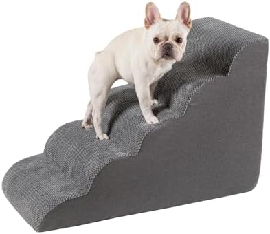4-Step Pet Stairs for Small Dogs & Cats - Non-Slip Dog Ramp with Washable Cover, Soft Steps for High Beds & Couches, Ideal for Pets with Joint Pain - Grey