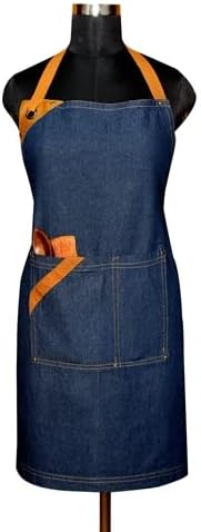 100% Cotton Denim Kitchen Apron with Pocket and Adjustable Neck with Long Ties Apron 25" X 31" for Women Men Chef Cooking, Baking, Gardening, Blue