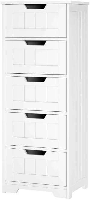 FOTOSOK Bathroom Cabinet, Bathroom Storage Cabinet with 5 Drawers, Wooden Storage Cabinets with Cut-Out Handles, 11.8” x 15.7” x 40.1” Bathrooms Floor Cabinets for Hallway/Living Room, White