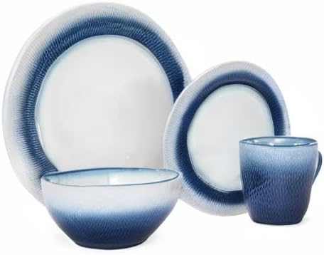 Pfaltzgraff Eclipse Blue 16-Piece Stoneware Dinnerware Set, Service for 4 with Dinner Plates, Salad Plates, Bowls and Mugs, Dishwasher and Microwave Safe