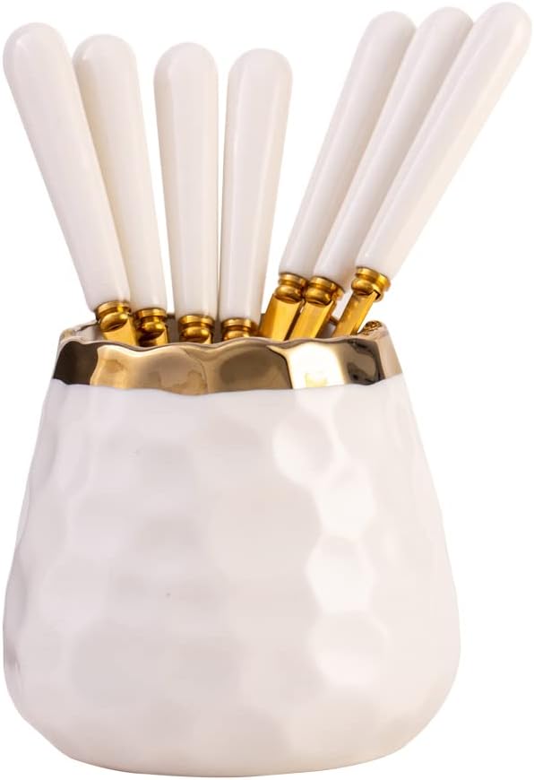 Coffee Spoon Set,Ceramic Jar with 8 Small Spoons for Coffee,Tea,Ice Cream,Cake,Flatware Set (White gold jar+8 spoons)