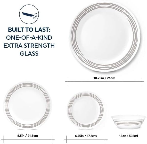 Corelle Brushed Silver 16pc, Service for 4, Dinnerware Set, 12 plates 4 bowls, Chip & Break Resistant, Dinner Plates and Dinner Bowls, Corelleware Plates