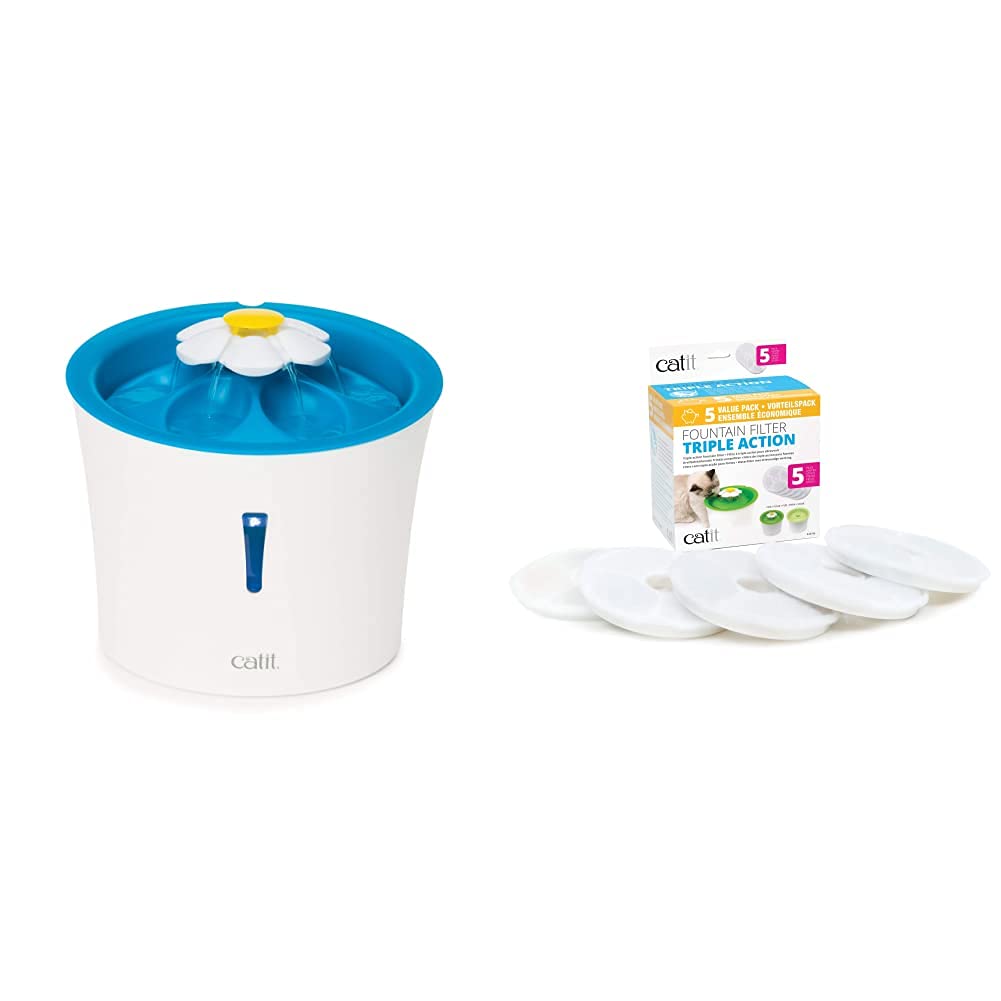 Catit LED Flower Fountain with Set of 5 Triple Action Filters, Cat Drinking Water Fountain, Blue, 3 L