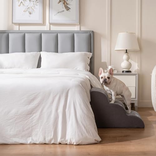 4-Step Pet Stairs for Small Dogs & Cats - Non-Slip Dog Ramp with Washable Cover, Soft Steps for High Beds & Couches, Ideal for Pets with Joint Pain - Grey