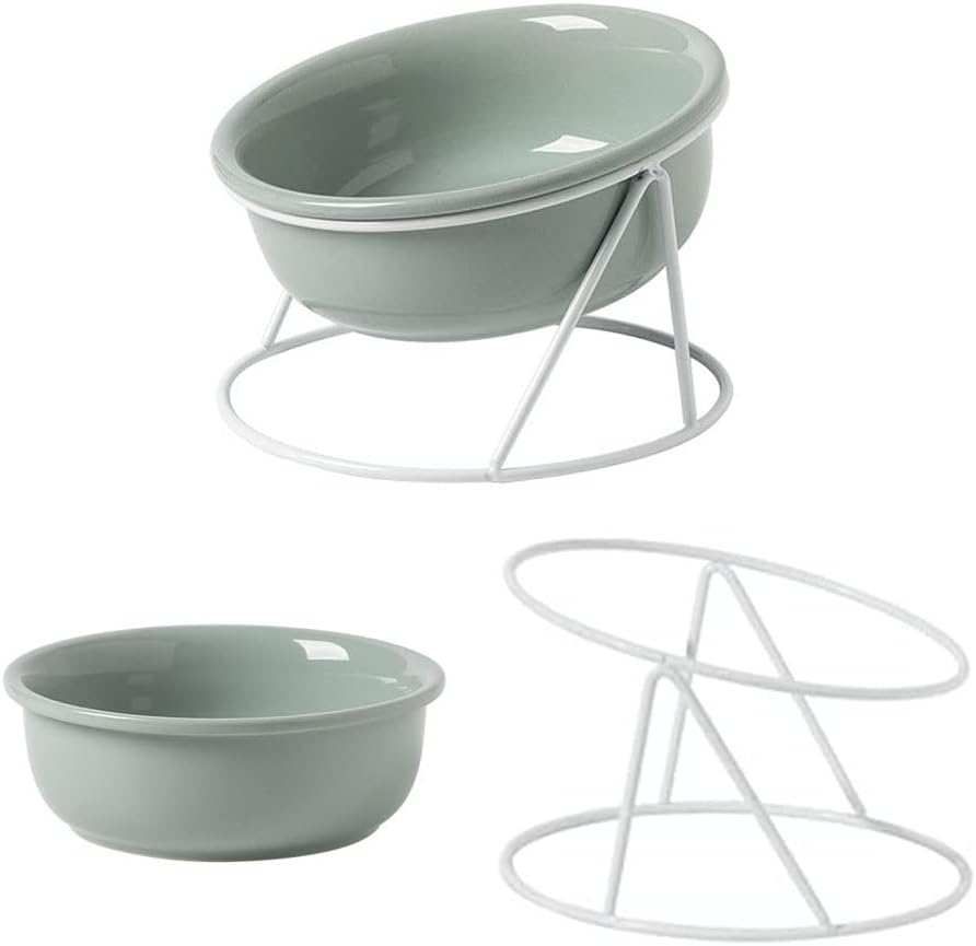 Raised Cat Bowl Ceramic Cat Food Bowls Tilted Elevated Cat Bowl for Food and Water Dog Cat Feeding Bowls with Stand for Cats and Small Dogs