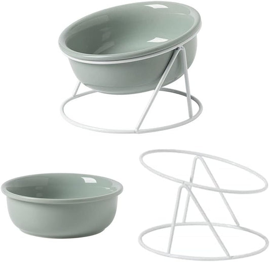 Raised Cat Bowl Ceramic Cat Food Bowls Tilted Elevated Cat Bowl for Food and Water Dog Cat Feeding Bowls with Stand for Cats and Small Dogs