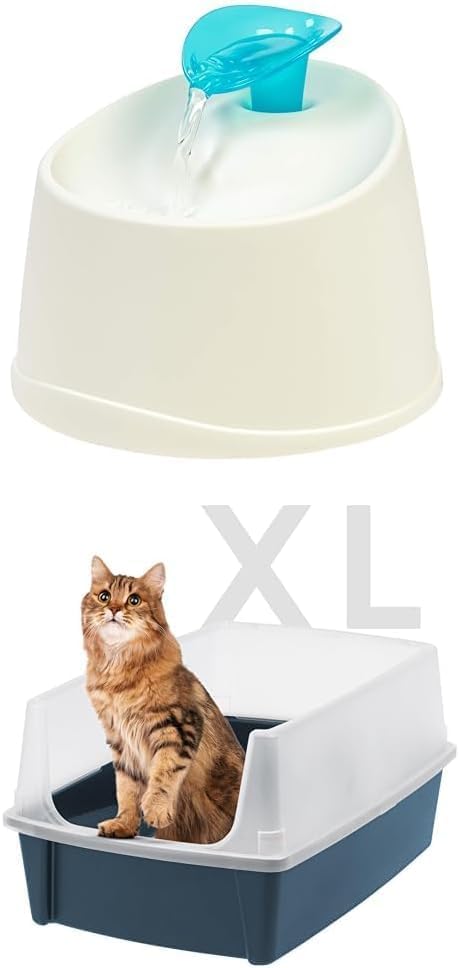 IRIS USA Cat Water Fountain 44oz with Two Flow Options & Silent Operation + Extra Large Open Top Cat Litter Box with High Sided Scatter Shield, Easy to Clean, Navy—Perfect for Big Cats!