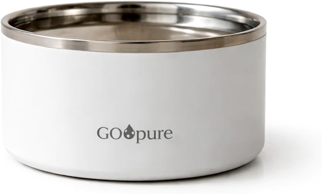 Filtered Pet Water Bowl – 64 oz Stainless Steel Dog & Cat Water Bowl with Ceramic Filter Included, Self-Purifying, Eco-Friendly Pet Water Bowl, White