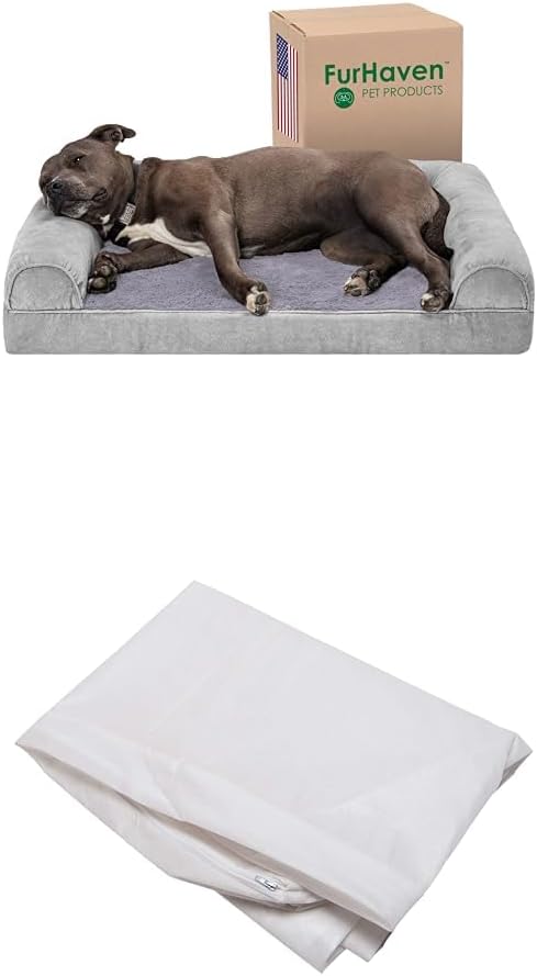 Furhaven Dog Bed Sofa Faux Fur & Velvet Sofa - Smoke Gray, Large W/Same Size Waterproof Liner