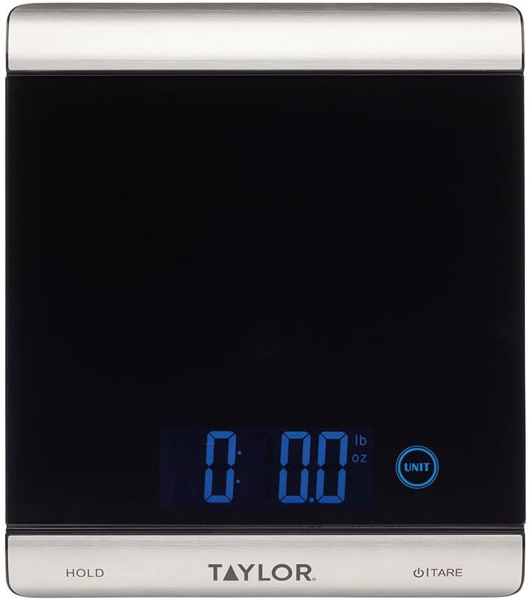 Taylor Pro Ultra High Capacity Digital Kitchen Food Scales, Compact Professional Standard with Precision Accuracy and Tare Feature, Black Glass And Stainless Steel, Weighs 15 kg Capacity