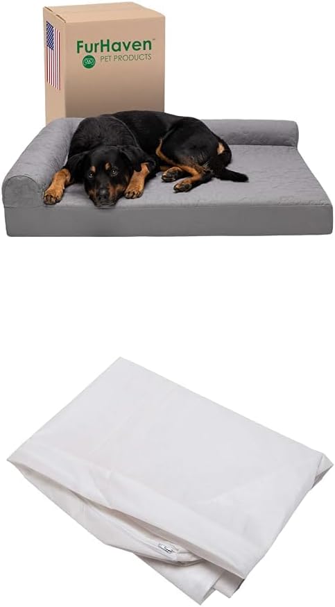 Furhaven Dog Bed L-Chaise L Shaped Chaise - Titanium, Jumbo/XL W/Same Size Waterproof Liner