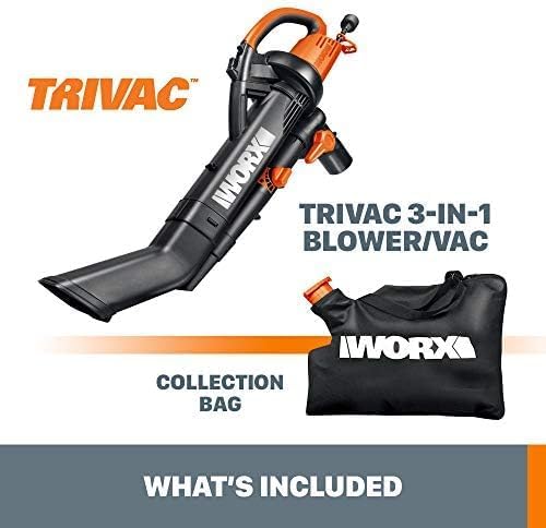 WORX Trivac 3 in 1 Electric Leaf Blower for Lawn Care, Leaf Vacuum with 350 CFM & 210 MPH, Leaf Mulcher with Metal Impeller, WG505