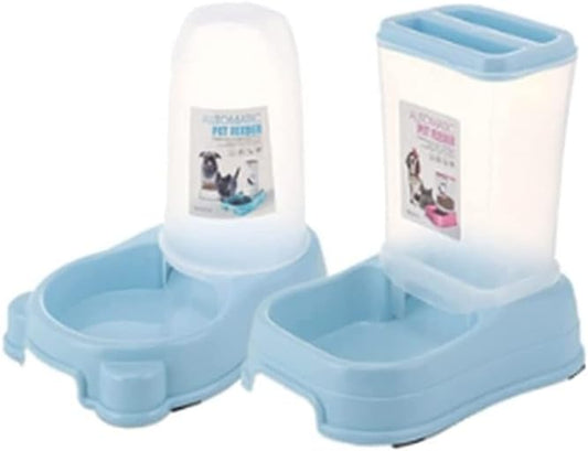 Water Dispenser Automatic Food Feeder and Waterer Set, Automatic Cat Feeder and Dog Water Dispensers Unplugged Gravity Feed Water Pet Supplies cat Fountain (Color : Pink) (Blue)