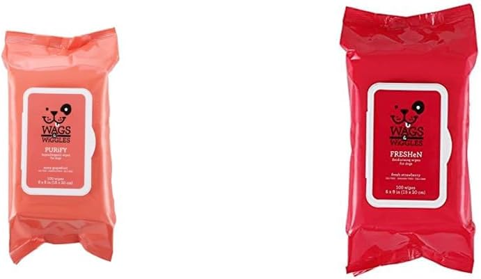 Wags & Wiggles Wipes Bundle: Purify Hypoallergenic & Freshen Deodorizing Wipes for Dogs, 100 Count Each - Zesty Grapefruit & Fresh Strawberries Scents, Clean & Eliminate Odors Without A Bath