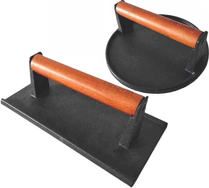 Firsgrill Burger Press Heavy-Duty Cast Iron Smash Meat Steak with Wood Handle for Blackstone Camp Chef Pitboss Weber Treager Griddle Grills (Round & Rectangle w Flat Bottom)