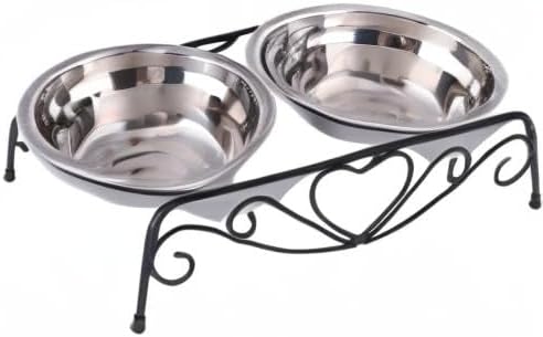 Maxmartt Pet Feeder, Stainless Steel Double Dog Cat Food Water Bowls Feeder Dishes Shelf Stand Pet Bowls with Iron Stand 26X14X8.5cm