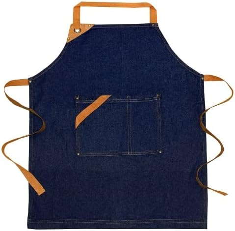 100% Cotton Denim Kitchen Apron with Pocket and Adjustable Neck with Long Ties Apron 25" X 31" for Women Men Chef Cooking, Baking, Gardening, Blue