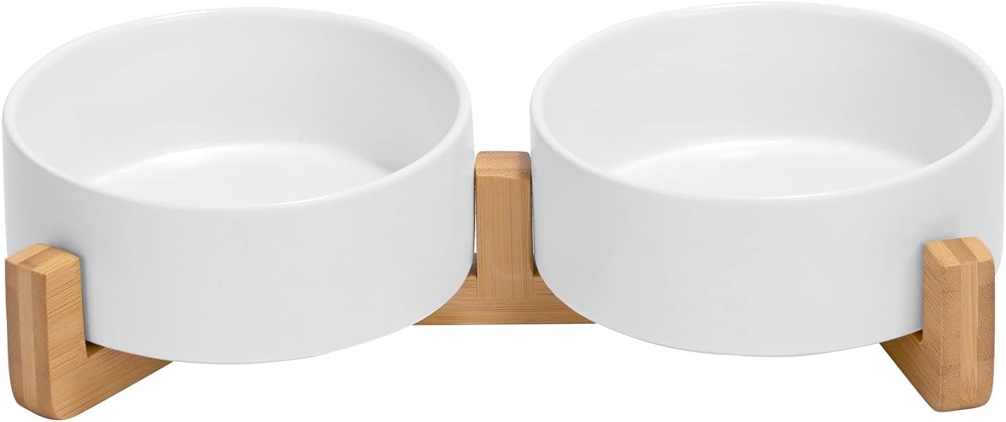 SPUNKYJUNKY Ceramic Dog and Cat Bowl with Wood Stand Non-Slip Matte Glaze Weighted Food Water Set for Cats &Small Dogs 13.5 OZ