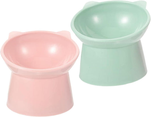 2pcs Raised Slanted Cat Food Bowls with Neck Protection, Wear-Resistant Plastic Feeding Bowls for Whisker Relief and Anti-Spill, Compact Pet Feeders for Cats and Small Dogs