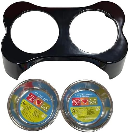 Elevated Pet Bowl Set, Double Stainless Steel Dishes with Black Stand, Raised Dog Cat Feeder