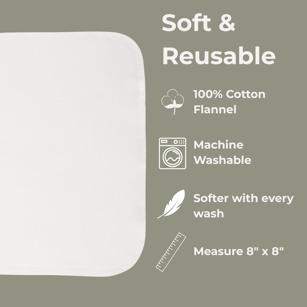 Reusable Baby Wipes, 25 Washable Cloth Wipes per Pack, 100% Cotton, Soft and Gentle for Baby's Skin, by Nora's Nursery