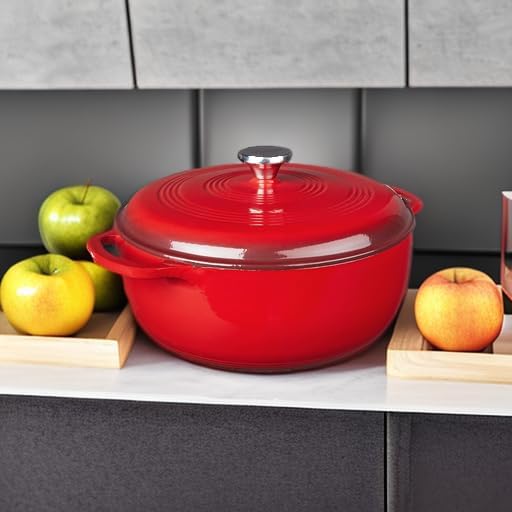 Lodge Essential Enamel Cast Iron Dutch Oven with Lid - Oven-Safe Enamel Cookware up to 500° F - Heat-Retaining Braising & Roasting Pot - Non-Toxic Cookware - 7.5 Quart, Island Spice Red