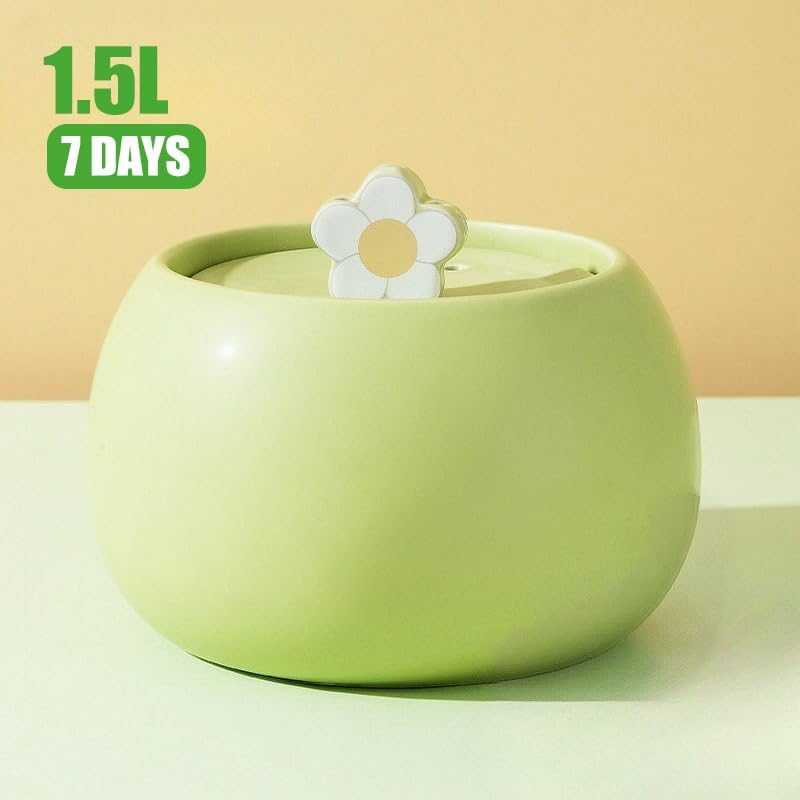 Ceramic Cat Water Dispenser, 50oz/1.5L Ultra-Silent Automatic Water Bowl Dispenser for Cats Pet Drinking Fountain Indoor with Cute Design Activated Carbon Filter Perfect for Cat (Green)