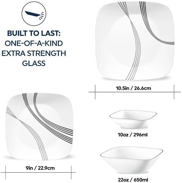Corelle Urban Arc 16pc, Service for 4, Dinnerware Set, 8 Plates Bowls, Chip & Break Resistant, Dinner and Corelleware White