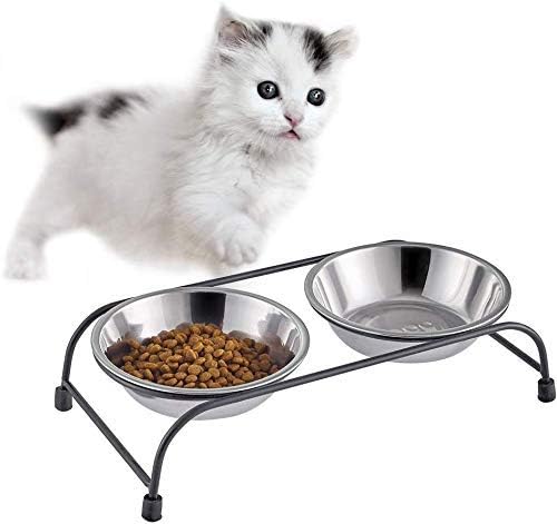 Double Pet Feeder Dishes, Stainless Steel Food and Water Bowls with Iron Stand, Double Diner Pet Bowl for Small Dogs and Cats, S (Large)