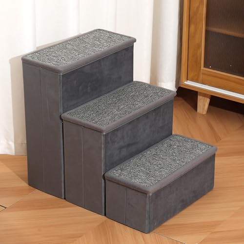 Foldable 3-Step Pet Stairs with Hidden Storage, Non-Slip Soft Plush Steps for Dogs & Cats, Lightweight & Sturdy, Supports Up to 150 Lbs for Beds & Sofas