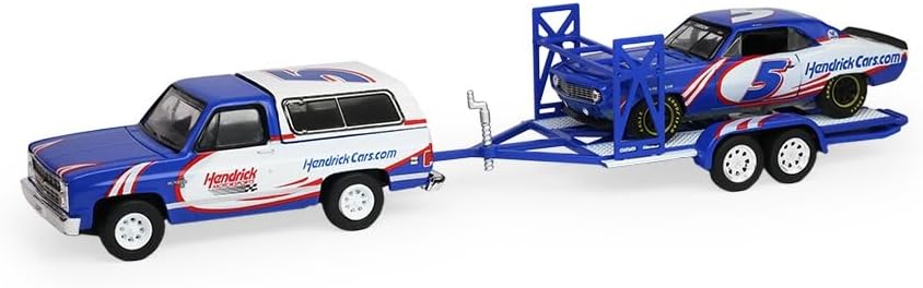 Greenlight Collectibles 1:64 Racing Hitch & Tow Series 6-1986 Chevy K5 Blazer Silverado and 1969 Camaro – Hendrick Motorsports – Kyle Larson #5 First Win Tribute on Tandem Car Trailer 31190-C