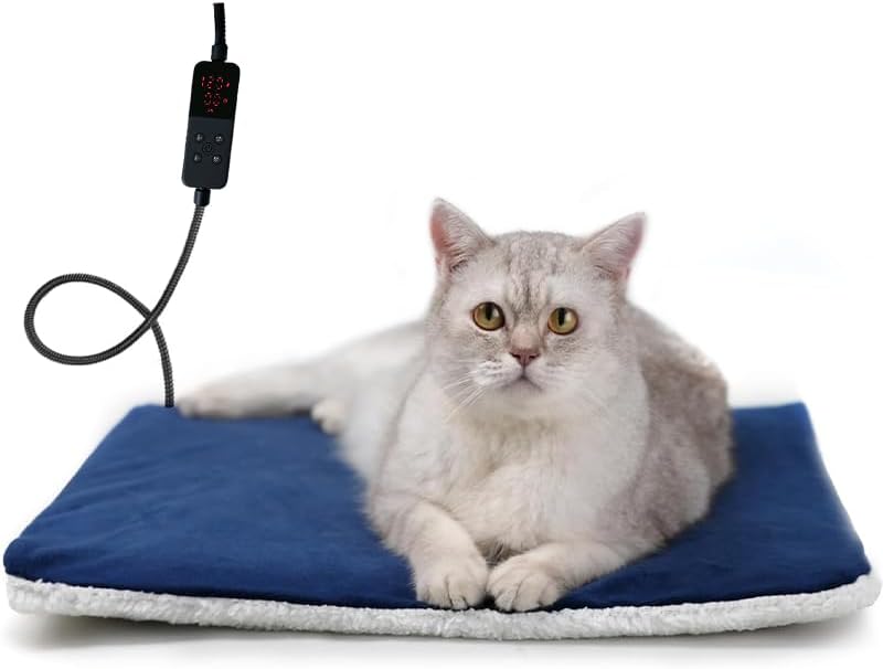 Rest-Eazzzy Pet Heating Pad Indoor, Dog Heating Pad Mat with Removable Cover, 5 Level Timer 5 Level Temperature, Electric Pet Warming Mat for Cat Dog Automatic Power-Off (Heat pad, Pure-Blue)