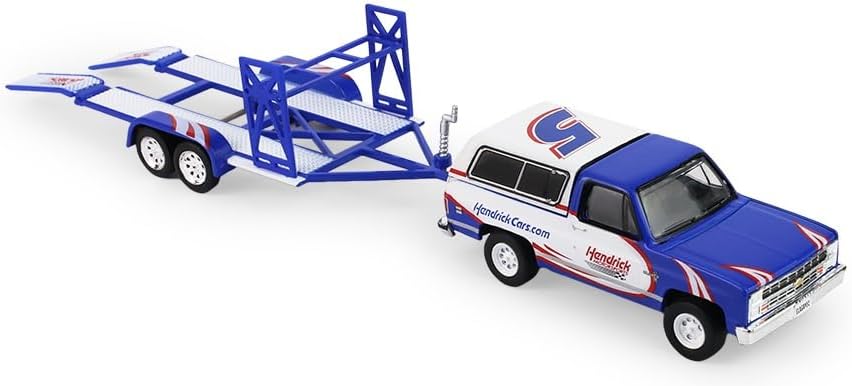 Greenlight Collectibles 1:64 Racing Hitch & Tow Series 6-1986 Chevy K5 Blazer Silverado and 1969 Camaro – Hendrick Motorsports – Kyle Larson #5 First Win Tribute on Tandem Car Trailer 31190-C