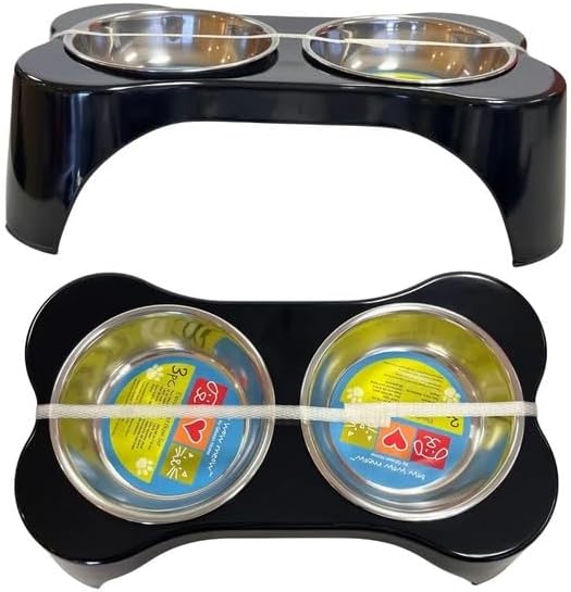 Elevated Pet Bowl Set, Double Stainless Steel Dishes with Black Stand, Raised Dog Cat Feeder