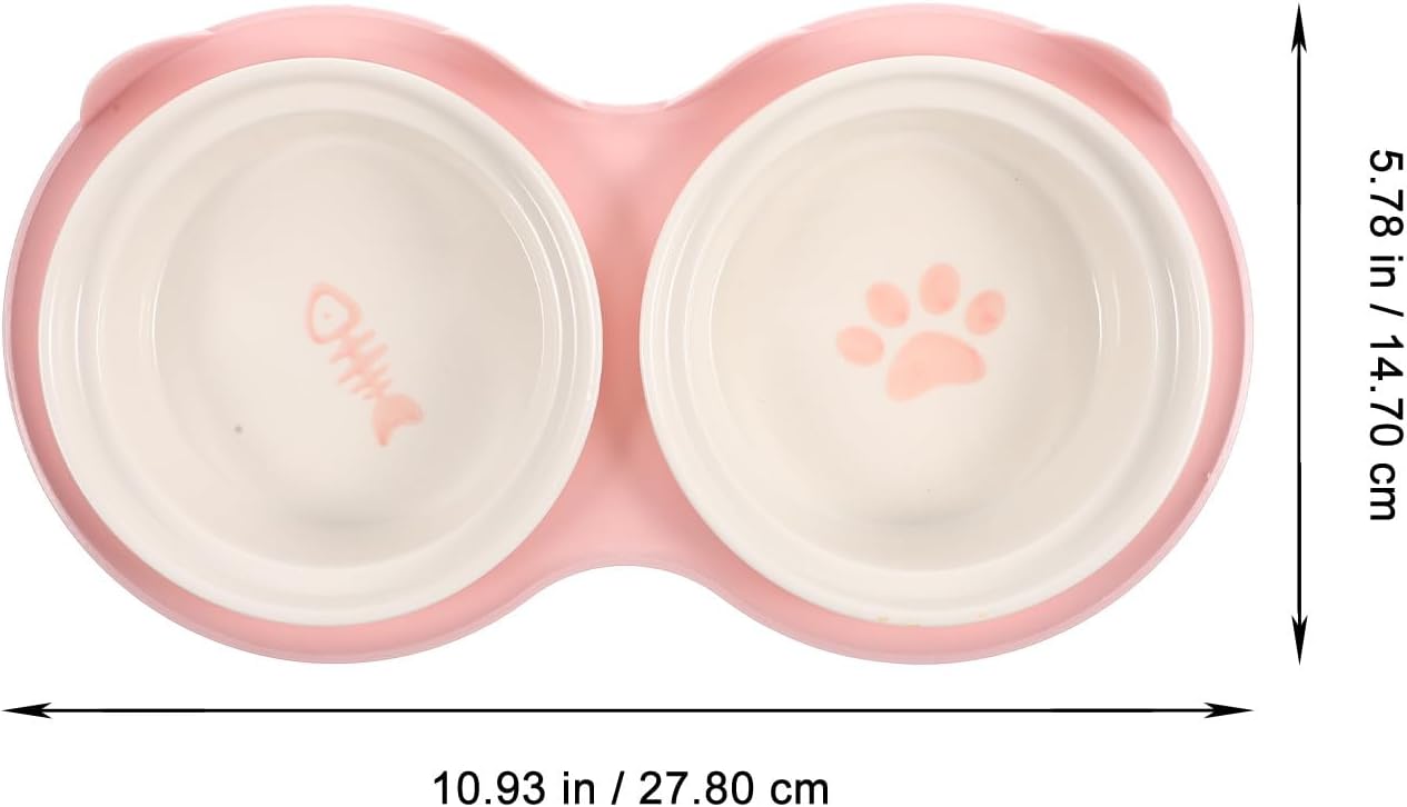 Milisten Ceramic Cat Feeding Bowl Set Raised Double Bowls Pink Thickened Non-Slip Elevated Pet Food and Water Dish for Indoor Cats