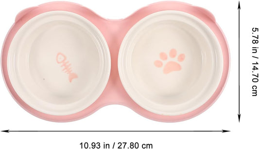 Milisten Ceramic Cat Feeding Bowl Set Raised Double Bowls Pink Thickened Non-Slip Elevated Pet Food and Water Dish for Indoor Cats