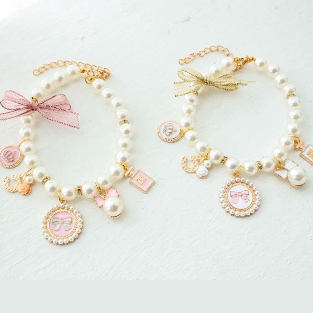 Dog Pearl Collars Princess Bow Necklace Pet Necklace DogCute Collar Puppy Accessories Cat Jewelry Neck Strap for Dog Cat (M)