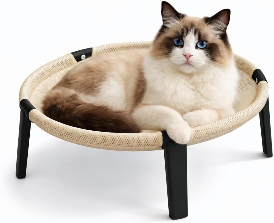 Elevated Cat Hammock Bed, Breathable Mesh Raised Cat Lounger, Removable Washable Mesh(Cream)