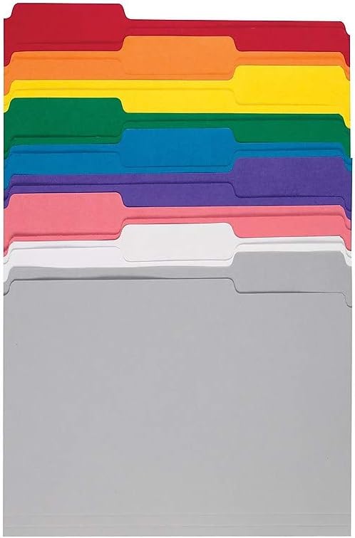 Staples File Folders, Letter Size, 1/3‑Cut Tabs, Assorted Positions, Assorted Colors, Heavy‑Duty Paper Stock, 250/Pack