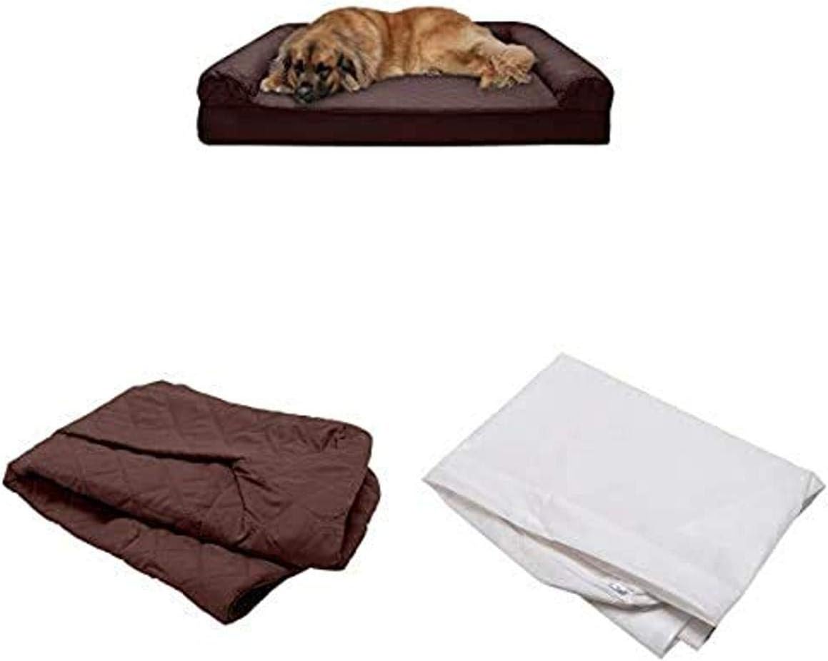 Furhaven Pet Bundle - Jumbo Plus Coffee Memory Foam Quilted Quilted Sofa, Extra Dog Bed Cover, & Water-Resistant Mattress Liner for Dogs & Cats