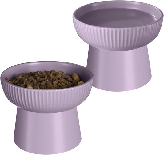 Ceramic Elevated Cat Bowls-Water Bowl, 15° Tilted Design, Anti-Vomiting & Spine Protection, Prevent Whisker Fatigue for Kittens to Adult Cats and Small Dogs (Purple-Elevated Cat Bowls-2)