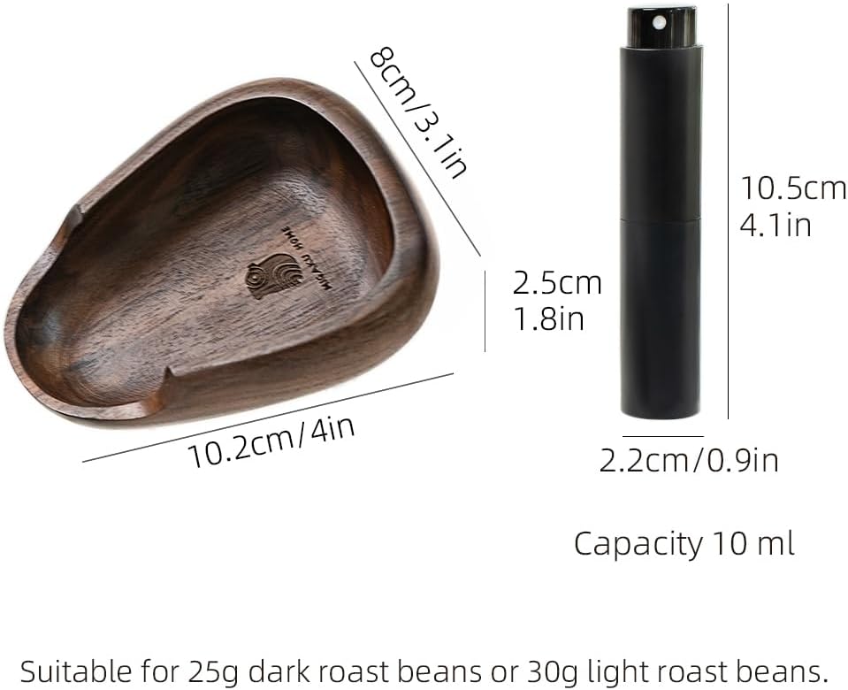 Coffee Bean Dosing Cup & RDT Spray Bottle Set - Walnut Wood Espresso Accessories Kit with Static Reduction Spray, Measuring Tray for Coffee/Tea