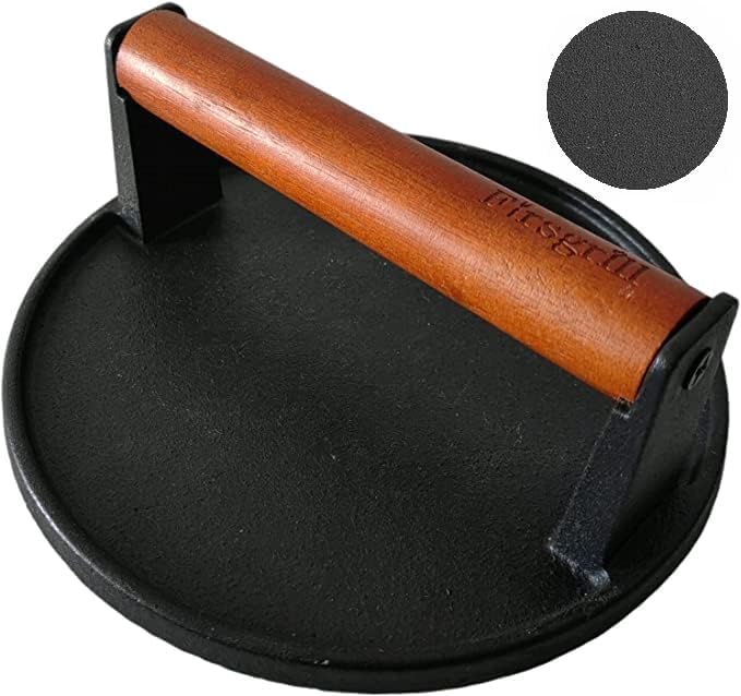 Firsgrill Burger Press Heavy-Duty Cast Iron Smash Meat Steak with Wood Handle for Blackstone Camp Chef Pitboss Weber Treager Griddle Grills (Round & Rectangle w Flat Bottom)