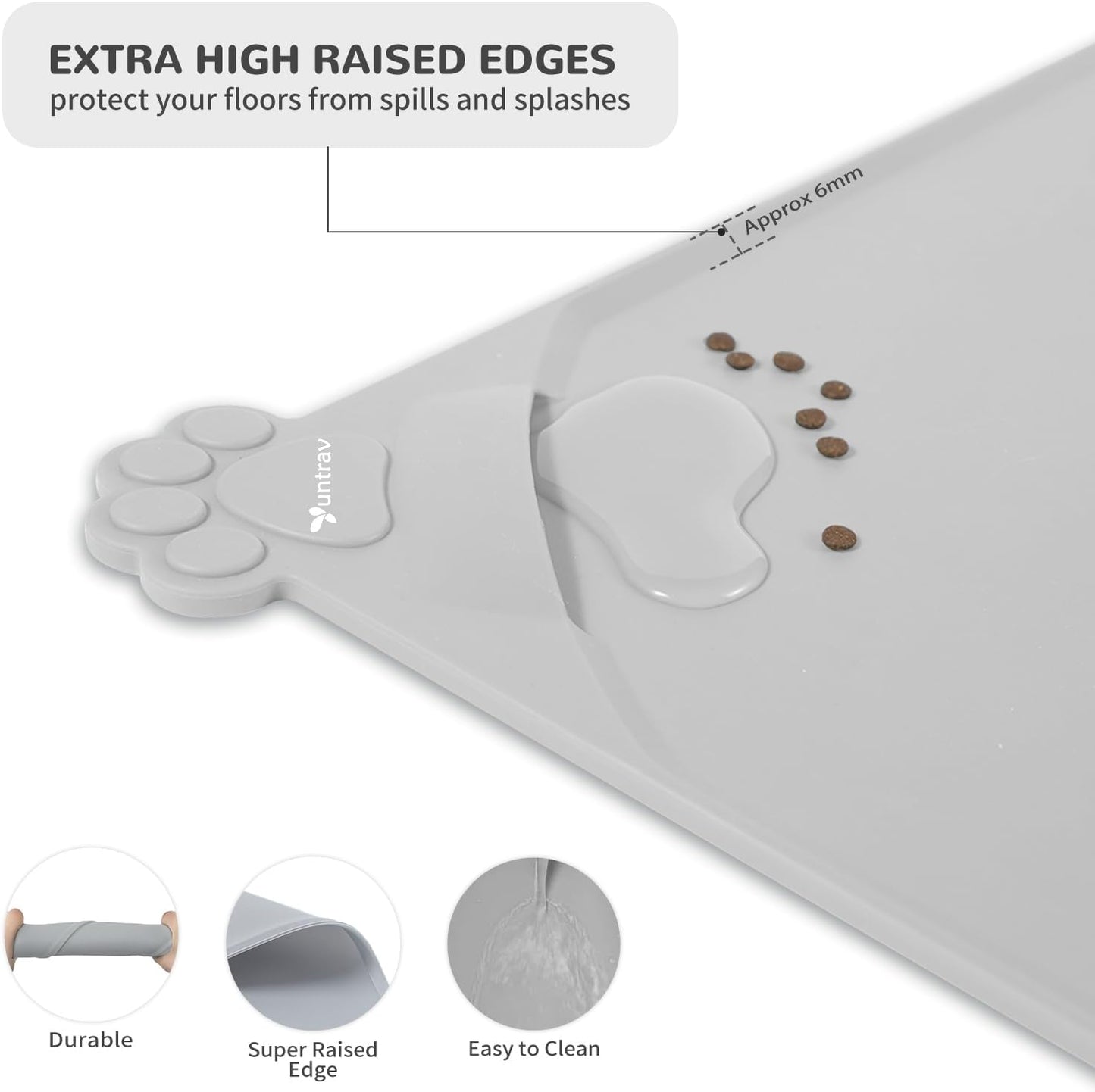 Waterproof Raised Edge BPA Free Silicone Pet Feeding Mat-Multiple Colors，Dog Cat Food Mats Contain Spills Protects Floors, Placemats for Cats and Dogs Water Bowl, Pets Accessories 22x15 Gray